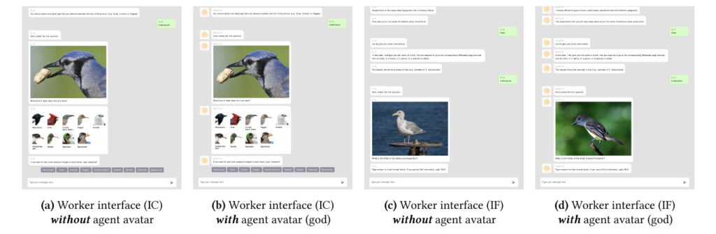 Four screenshots with four different experimental conditions are shown on the worker interface. The first two screenshots show Image Classification tasks, and the last two screenshots show the Information Finding task. Within each task type, there are two different conditions shown, one without an agent avatar (control condition) and one with an agent having an avatar.