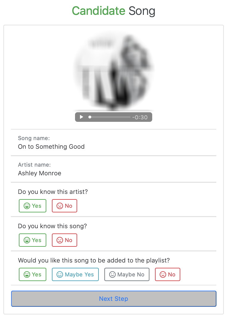 Screenshot of the study design, showing a candidate song for being added to the playlist. It shows the picture of an artist (here: blurred out for copyright reasons), the song name (here: On to Something Good) and the artist name (here: Ashley Monroe). Below there are two questions that a participant has to answer with `yes' or 'no'. First: Do you know this artist? Second: Do you know this song?
