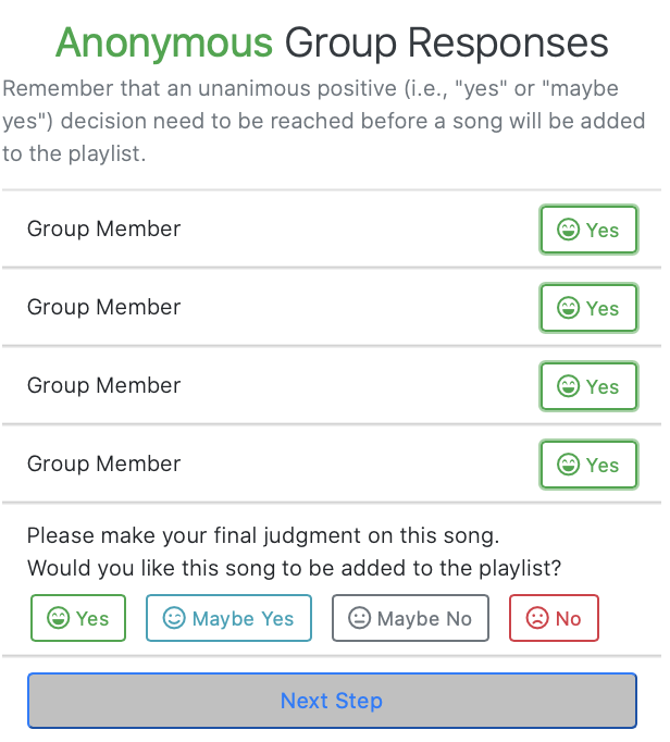 Screenshot of the study design, showing the anonymous group responses on a candidate song (here: four group members responded `yes'), and asking the study participant for the final judgment on the song whether they want the song to be added to the playlist. The response options are: `yes', `maybe yes', `maybe no', and `no'.