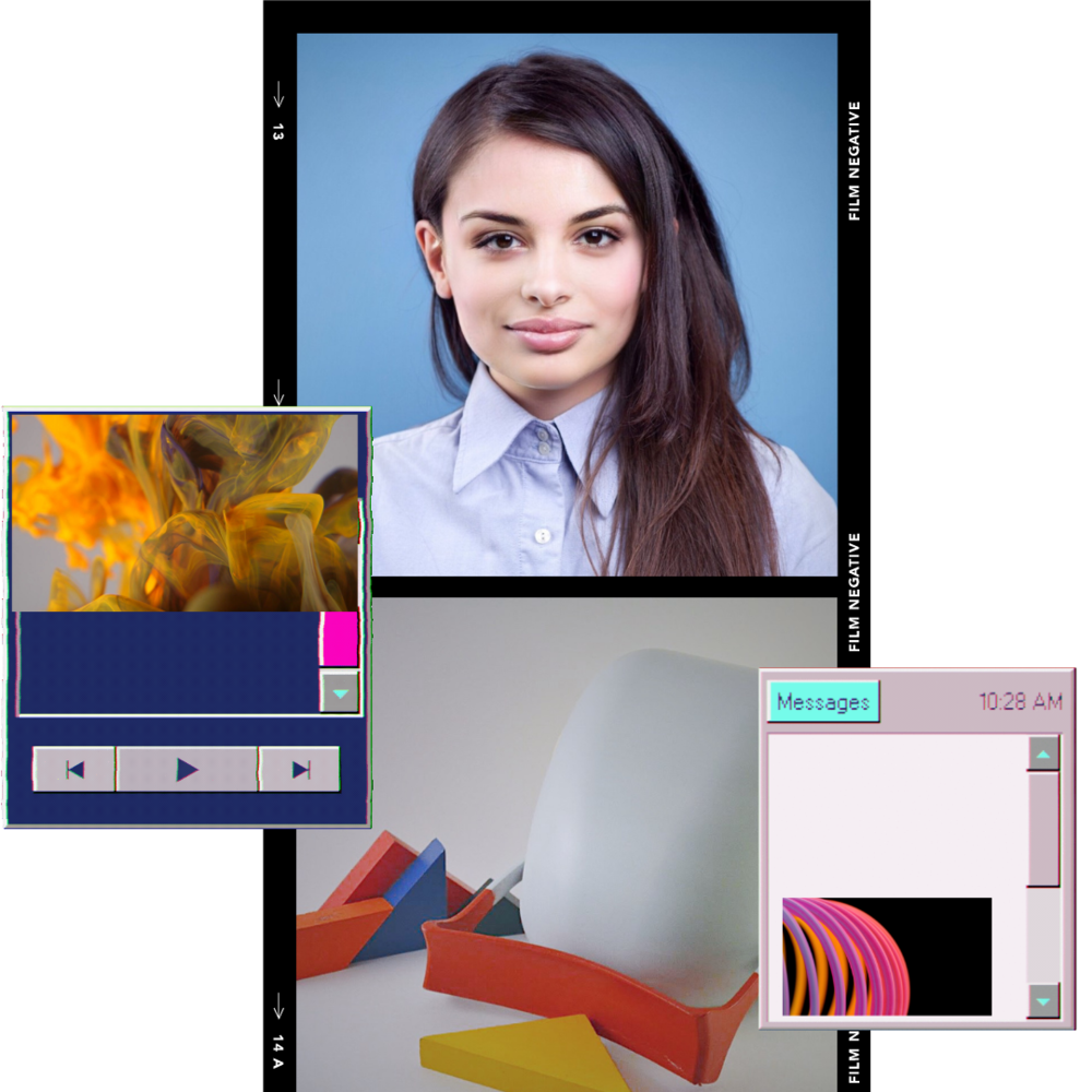 A composite image showing Cristina Zaga on top, and three other boxes showing examples of her design work.