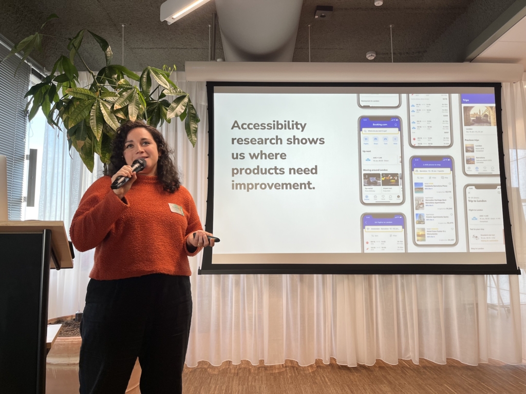 Photo of Maya Alvarado speaking with slide 'accessibility research shows us where products need improvement'
