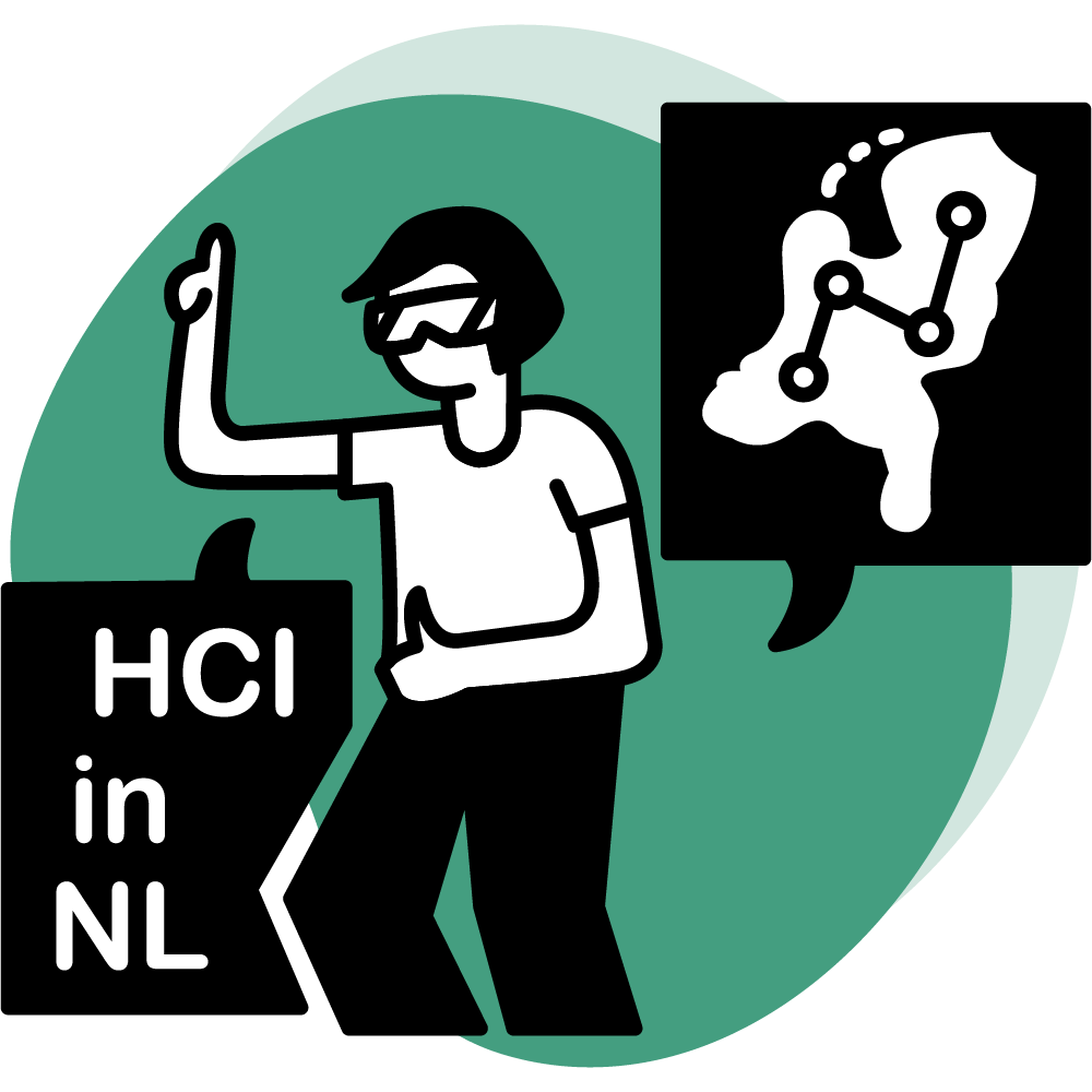 Person with 'HCI in NL' speech bubble and abstract map of the Netherlands