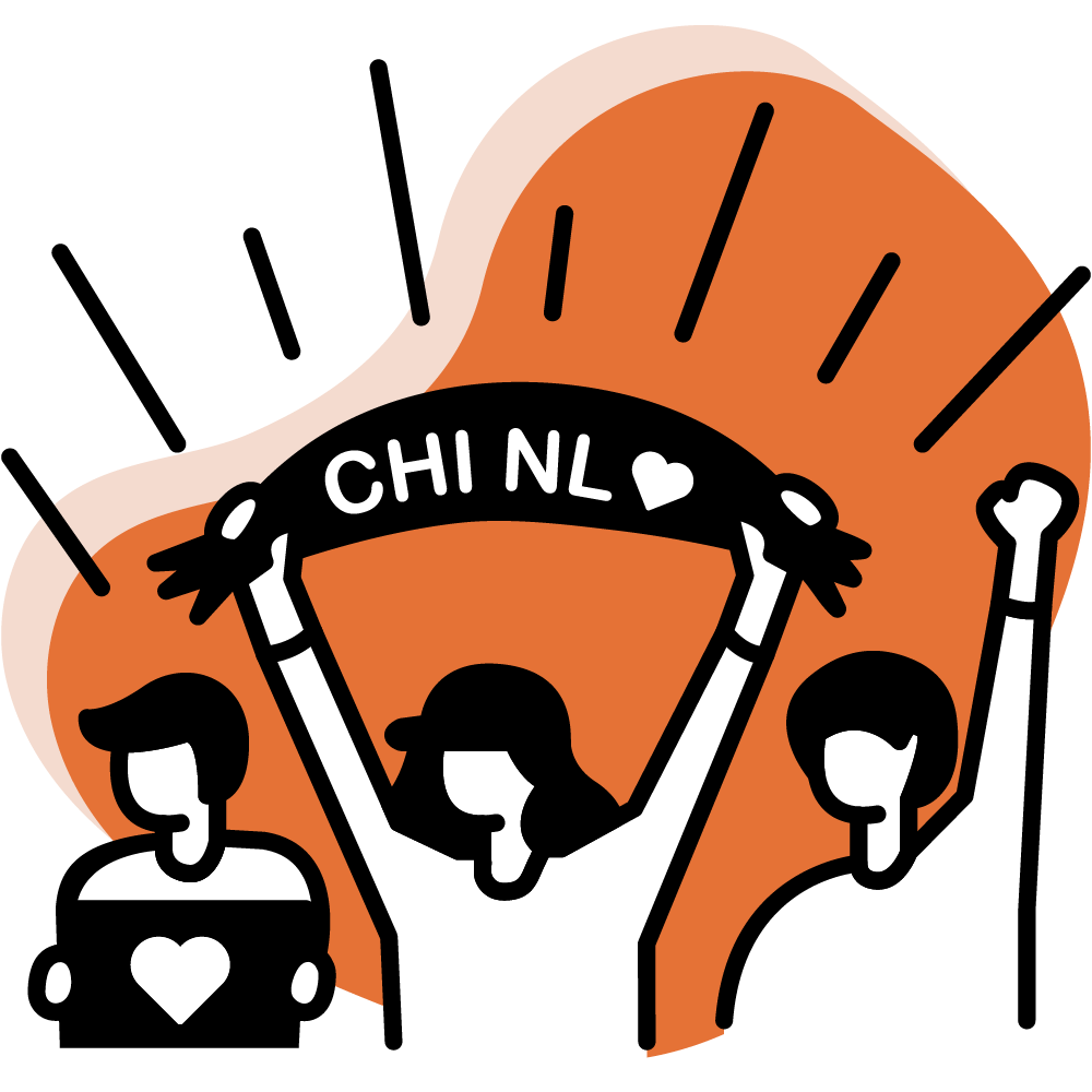 Three supportive people with a 'CHI NL' banner